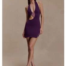 UNITHORSE Women's Halter Backless Elastic Mini Dress - Purple - View 1