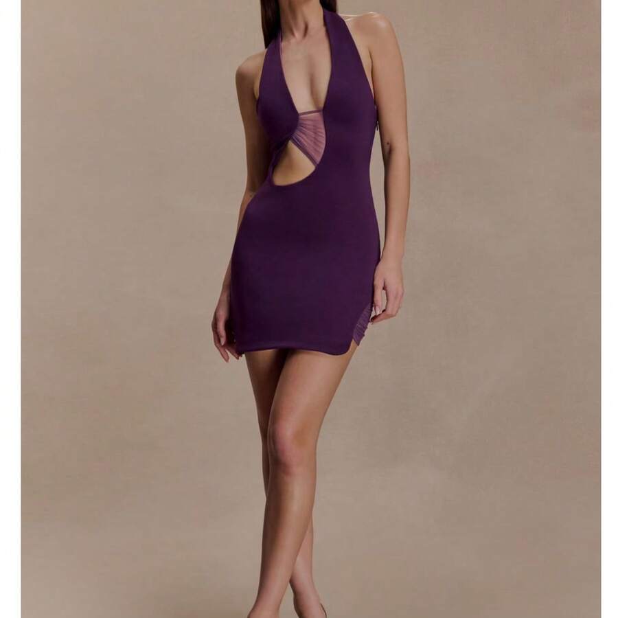 UNITHORSE Women's Halter Backless Elastic Mini Dress - Purple - View 1
