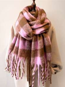 1pc Autumn/Winter Fashion Striped Plaid Fleece Warm Women's Boucle Pink Brown Color Wool Thick Scarf, Warm Acrylic Scarf Like Cashmere, Bohemian Casual Windproof Couple Shawl, Comfortable Blanket Scarf, Suitable For Daily Wear For Dress - Pink Brown - View 4