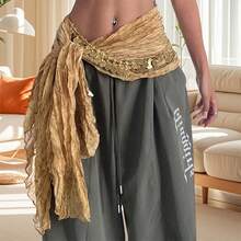 Belly Dance Hip Scarf For Women/Girls, Y2K Pleated Belt Shawl Jazz Hiphop Waist Belts With Coins Chains - 黃色 - 查看 3