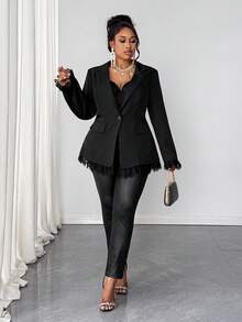 Whisplicity Plus Size Women Office Blazer Jacket With Lapel Neck Long Sleeve, Contrast Lace, Button Pockets - Black - View 7