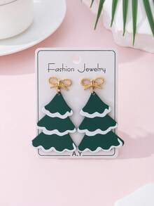 1 Cặp bông tai trang sức thời trang hình nơ và cây thông Noel bằng gốm mềm giả dành cho nữ, món quà hoàn hảo cho các bữa tiệc ngày lễ - màu xanh lá - Xem 1