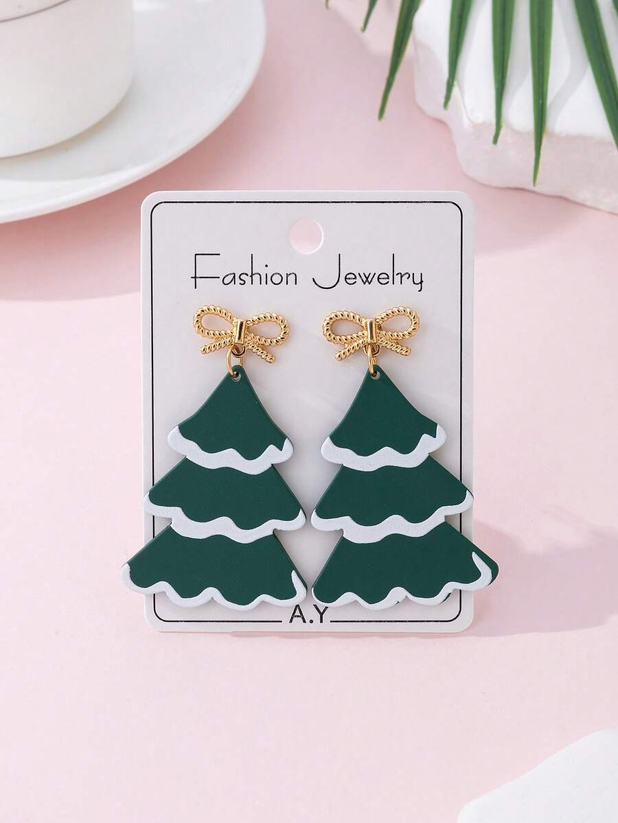 1 Cặp bông tai trang sức thời trang hình nơ và cây thông Noel bằng gốm mềm giả dành cho nữ, món quà hoàn hảo cho các bữa tiệc ngày lễ - màu xanh lá - Xem 1