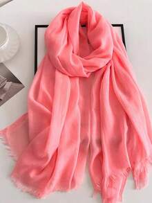 1pc New 120g Imitation Linen Solid Color Tassel Scarf Shawl, Travel Gift, Bamboo Knit Wrap For Women - Watermelon Pink - View 2