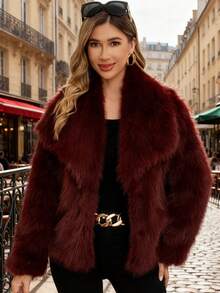 Women's Elegant Faux Fur Burgundy Jacket, Regular Length, Long Sleeve, Fashionable Turtleneck, Suitable For Christmas, New Year, Autumn/Winter Season - Burgundy - View 3