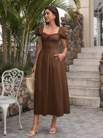 PARTHEA Vestido ajustado con mangas abullonadas, encaje entrelazado, espalda descubierta y cremallera (Sexy)