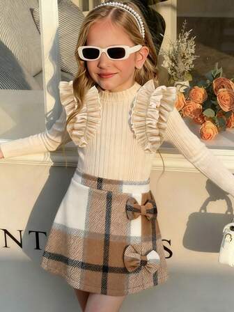 Toddler Girls' Fashion Casual Cute Warm Set, Pleated Cute Sleeve Solid Color T-Shirt + Bow Striped Woolen Skirt