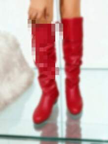 Women's Over-The-Knee Mid-Calf Boots, Red New Autumn And Winter Pleated Boots, Stylish And Versatile Solid Color Loose Boots, Western-Style Women's Boots - 紅色 - 查看 6