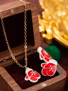 Set de 3 piezas con guantes, collar colgante y estilo navideño lujoso y elegante, adecuado para decoración de fiestas y atuendos navideños, regalo de Navidad para familiares y amigos