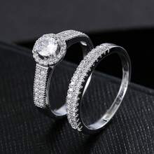 2 件套方晶锆石戒指套装，时尚叠戴戒指，适合女性日常佩戴 - 銀色 - 查看 4