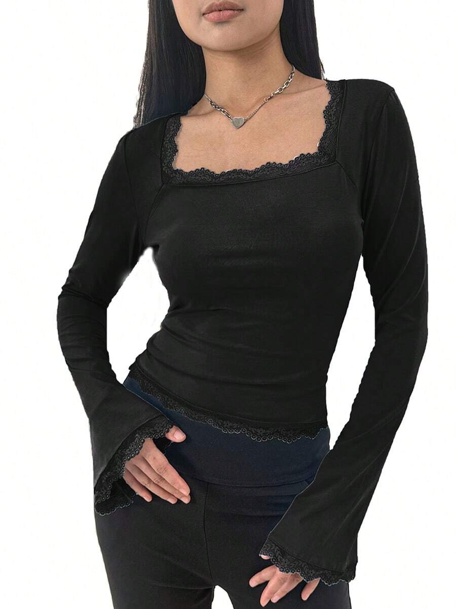 Women's Spring Autumn Lace Trim Blouses Long Sleeve Square Neck Slim  Party Tops - 黑色2 - 查看 1
