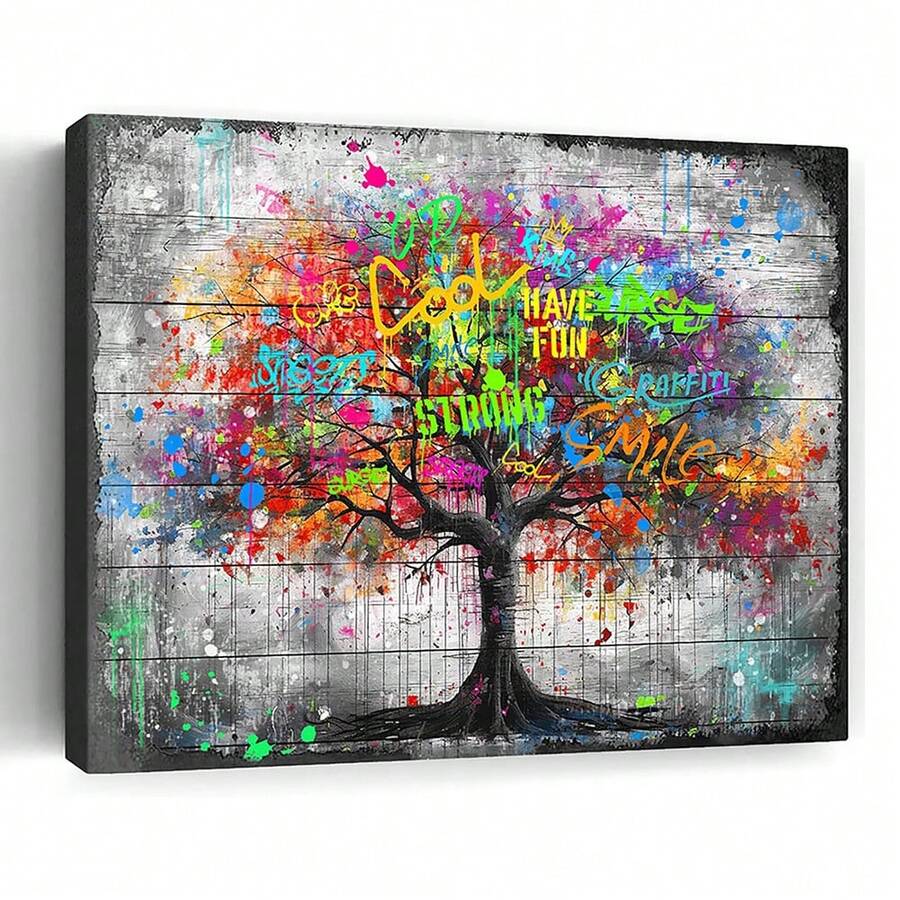 1PCS Framed Tree Of Life Forest Wall Painting - Living Room Abstract Canvas Wall Painting Graffiti Art, Ready To Hang Tree Of Life Graffiti, Poster Painting, Home Decoration, Gift, Suitable For Wall Decoration In Bedroom, Dining Room, Classroom, Bathroom, Study, Apartment, Dormitory, Kitchen, Office, Cafe, Hotel, Bar, Dressing Room, Corridor, Gallery And Other Places; Room Decoration Aesthetic Supplies - 彩色 - 查看 1