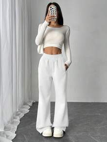 女士休闲纯色弹力腰带口袋宽松喇叭裤，白色女士运动裤，适合街头、日常穿着、度假、派对、毕业典礼、生日、复活节、母亲节等春季场合。 - 白色 - 查看 3
