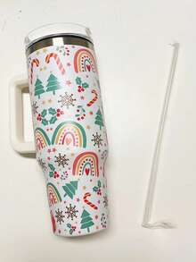 1 pieza Vaso aislado con asa, taza y termo al vacío con pajita, de acero inoxidable con diseño de árbol de Navidad