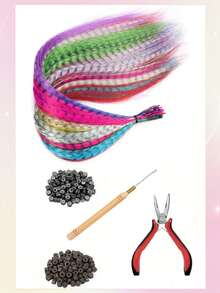 带接发工具的羽毛假发 Y2K 风格红紫蓝绿渐变色长直发假发合成羽毛接发，适合女性女孩日常派对万圣节圣诞节节日彩色假发 - 彩色 - 查看 7