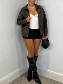 Vintage Solid Color PU Leather Pocket Plus Size Jacket, Casual Autumn/Winter - Brown - View 3