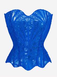 一件蓝色纹理薄纱花卉蕾丝镂空束身胸衣露脐上衣，适合日常穿着/派对/婚礼，夏季抹胸上衣 - 藍色 - 查看 4