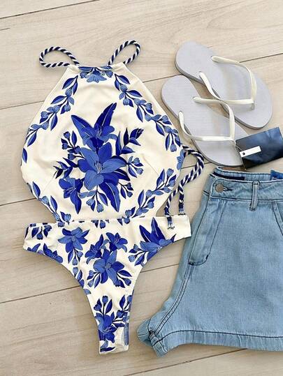 Traje de baño de una pieza con estampado floral sexy, estilo europeo y americano para mujeres