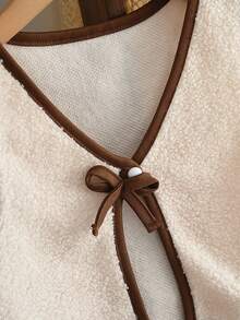 女童秋季仿泰迪绒蝴蝶结背心外套和纯色长袖连衣裙冬季两件套儿童休闲装外出玩耍 - 咖啡 - 查看 4