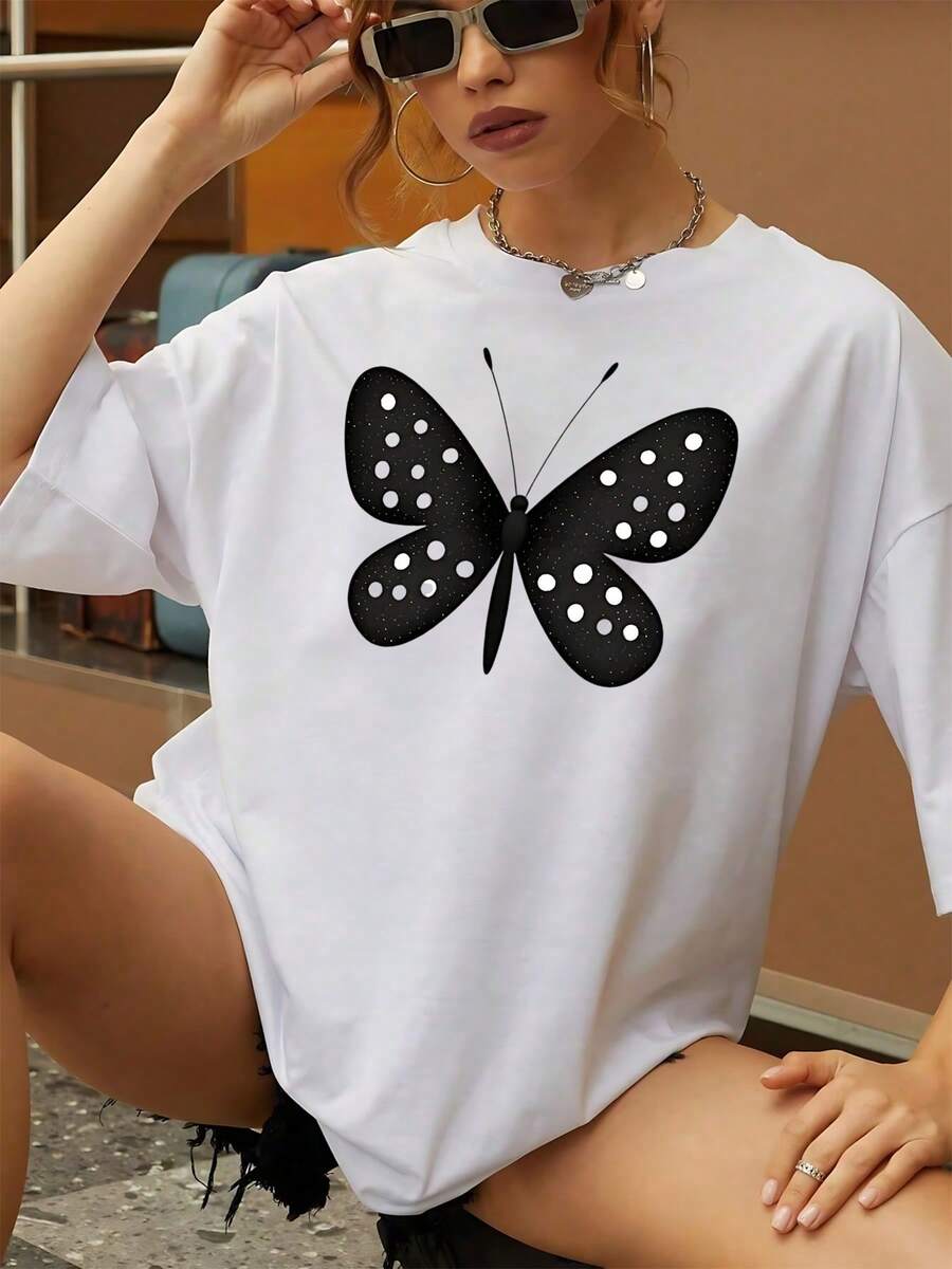Camiseta gráfica de moda para hombre con estampado de mariposas de lunares, tela de algodón de alta calidad, cómoda de llevar, adecuada para ropa informal, diseño único para agregar brillo a su guardarropa, elección de regalo perfecta, tamaño extragrande. - Blanco - Ver 1