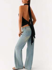 Women Y2k Halter Crop Tops Sleeveless Slim Fit Open Back Stylish Tank Top Tie Up Back Solid Color Summer Causal Camisole For Beach Club Party Streetwear - màu đen - Xem 5