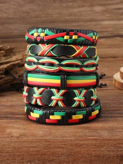 Set de 6 pulseras de cuero tejidas a mano de estilo punk en rojo, verde y amarillo para mujeres