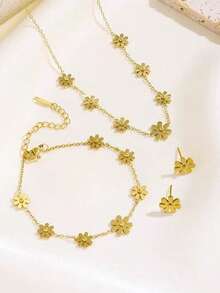 1 Set Stainless Steel Daisy Flower Necklace, Anklet And Earrings, Sweet And Fresh Jewelry Set Suitable For Women's Daily Commute Or Party Occasions, Also Great As Gift For Friends