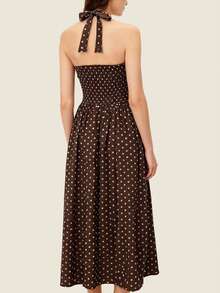 Women's Polka Dot Contrast Color Bohemian Elegant Backless Tie Sheer Dress, Suitable For Dates Summer Party - Brown - View 4