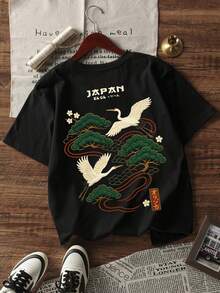 Men's Casual Versatile Simple Japanese Crane Print Short Sleeve T-Shirt