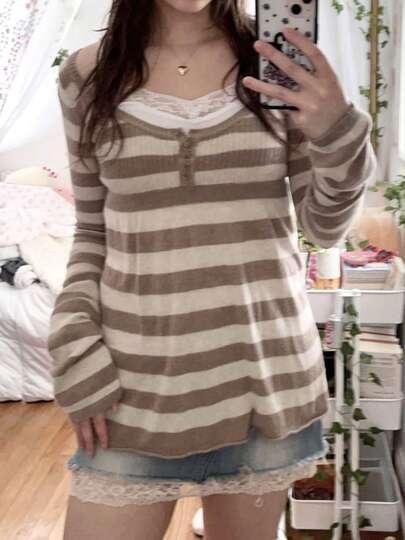 Women Fairy Grunge Shirts Teen Girl Y2k Striped Flowy Peplum Long Sleeve Square Neck Slim Fit Blouse Vintage Aesthetic Going Out Tees Top