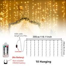 1条300/200/100 LED窗帘灯串，适用于婚礼背景装饰，8种灯光模式，4种颜色可选，遥控家居装饰灯，USB供电，适用于卧室、客厅、婚礼、生日、派对等场合。