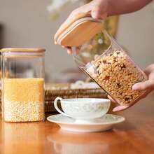 37 Oz - 6-Piece Set Of Glass Storage Containers With Airtight Bamboo Lids, Lidded Glass Jars, Clear Food Jars, Kitchen Storage, For Cookies, Flour, Oats, Pasta, Tea, Coffee Beans, Square Jars. - 透明 - 查看 4