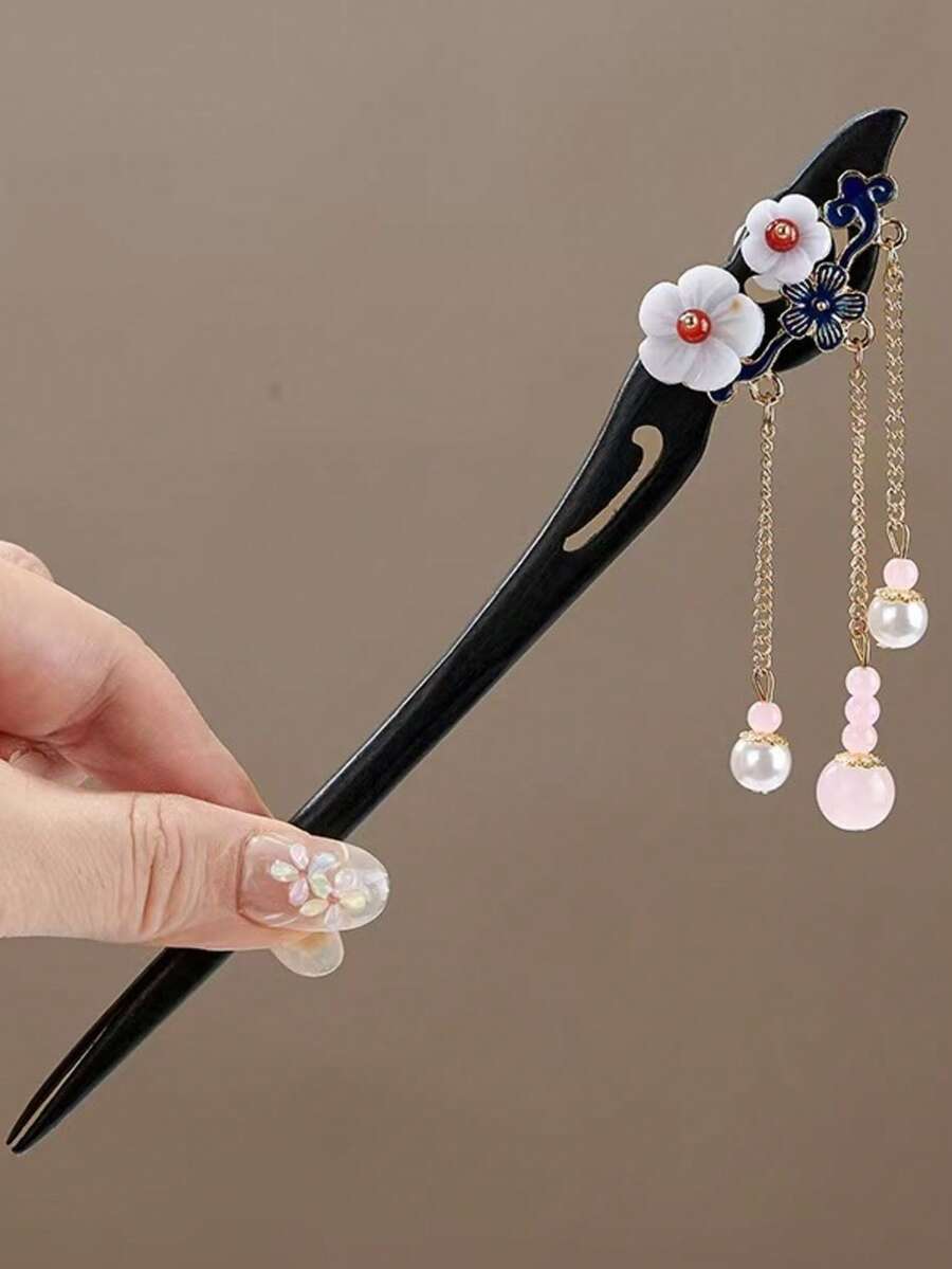 1pc Floral Print Elegant Ginkgo Leaf Tassel Hair Clip, Classical Chinese Style Faux Rosewood Hairpin, Suitable For Cheongsam, Hanfu, All Seasons Hair Accessory, Bun Extension, Pins For Hair