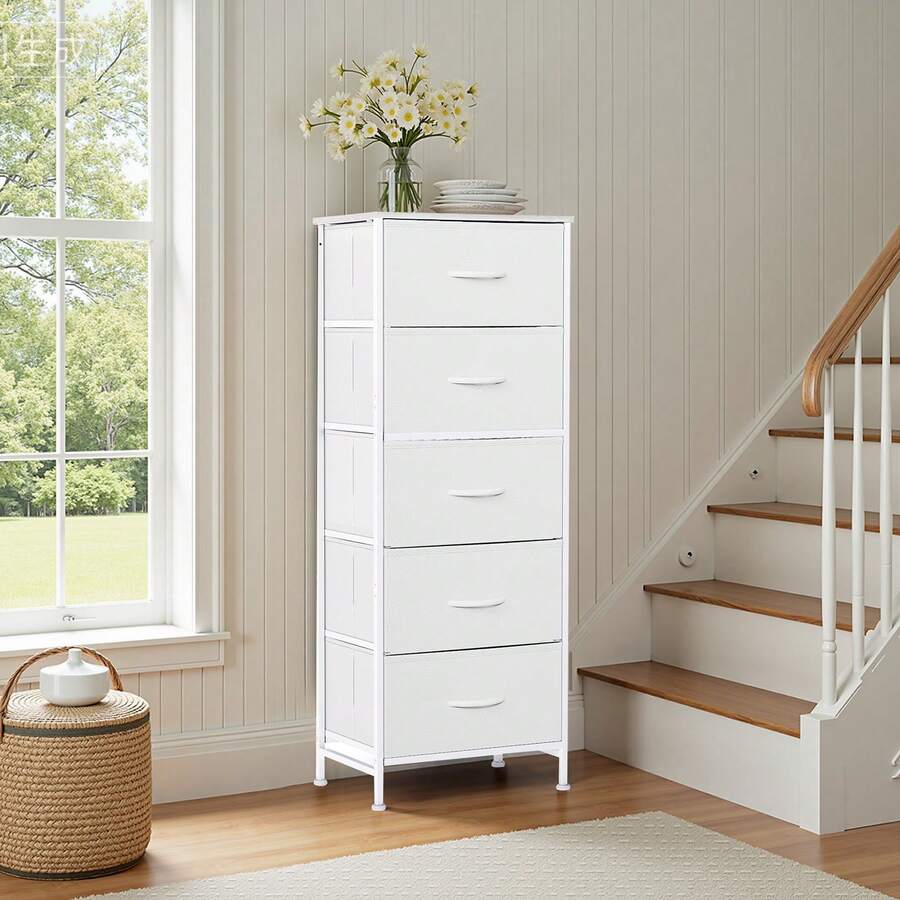 Sweetcrispy 5 Drawer Dresser With Fabric Bins, Sturdy Steel Frame And Wood Top, Storage Organizer Chest For Bedroom, Closet, Hallway, White - trắng - Xem 1
