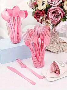 Zestaw 10-30 szt. różowych plastikowych naczyń stołowych, idealny na imprezy festiwalowe, Dzień Matki, wesela, urodziny i spotkania – modne noże, widelce i łyżki do ciasta – odpowiednie na formalne wydarzenia i do jadalni (wielokrotnego użytku)