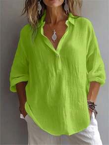 Women's Plus Shirt Solid Color Daily Casual Long Sleeve Bishop Sleeve Shirt Collar Regular Tops Daily Patchwork Buttons - 綠色 - 查看 12