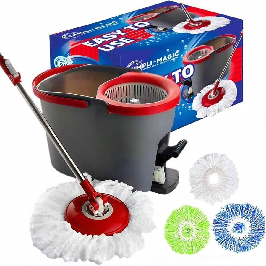 79349 Spin Mop Cleaning System With 3 Microfiber Mop Heads Red/GRAY Red/Black - RedBlack - View 1