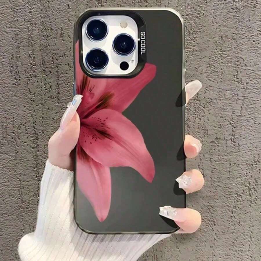 Lily Flower Print IMD Material Silvery Phone Case 16 E 15 14 13 12 11 Pro XS XR X 8 15 16 Plus Shockproof Cover