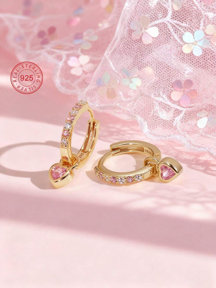 Artepollo 1pc 925 Sterling Silver Low Allergy Heart Hoop Earrings, Inlaid With Pink Zirconia, Sweet & Exquisite, Gift Box Packaging, Elegant & Refined, Suitable For Daily Or Holiday Wear, Gift For Girls, Friends, Back To School, Christmas - one-size - View 1