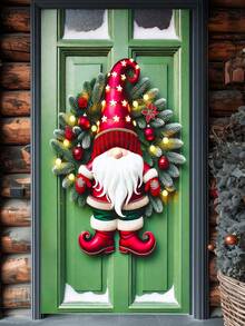 1 Stück roter Gnom & LED beleuchteter Tannenkranz, festlicher Weihnachtsstil künstlicher Grünkranz mit Stern- & Ornamentkugel-Detail, Türkranz Dekoration für Weihnachten Zuhause, Feiertags-Party Ornament, Winterliche Saison Dekoration