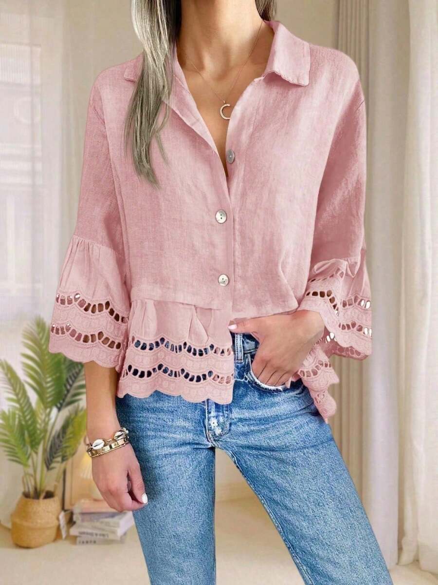 Womens Eyelet Blouse 3/4 Bell Sleeve Button Down Ruffle Hem Casual Summer Shirt Top - 粉色 - 查看 1