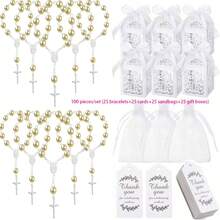 120pcs Baptism Shower Wedding First Communion Decoration Kit, Includes 30pcs Mini Beads, 30pcs Cross-Shaped Small Boxes, 30pcs Organizational Gift Bags, 30pcs Thank You Kraft Paper Labels, Made Of Plastic, For Wedding, Shower, Baptism, First Communion, Spring, Summer, Fall, Winter - 彩色 - 查看 20