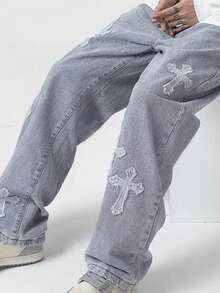 2025 High Street 十字贴片宽松男士阔腿牛仔裤，街头嘻哈风格