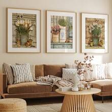 3pcs/Set European Vintage Plant Flower Potted Posters And Prints Botanical Garden Oil Paintings Retro Wall Art Paintings Suitable For Home Decoration, Room Decoration, Bedroom Decoration, Living Room Decoration, Bathroom Decoration, Wall Decoration, Optional Wall Art With Frame