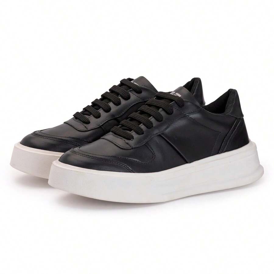 Men's Casual Genuine Leather Sneakers With High Sole Style And Comfort - Black and White - View 1