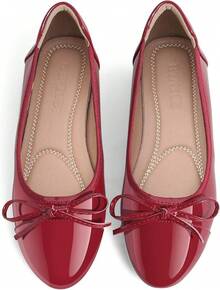 Women's Flat Shoes Leather Round Toe Ballet Shoes Bow Slip On Driving Commuting Dress Shoes For Women FlatsChristmas - 紅色 - 查看 12