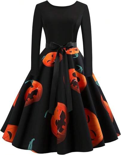 Vestidos de Halloween para Mujer, Vestidos de Cóctel Manga Larga, Disfraces de Fiesta Cosplay Estampados Calabaza Calabera,  2025