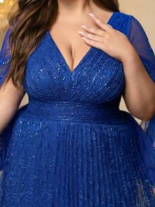 UNITHORSE Plus Women's [Random Print] Elegant Deep V Neck Cape Sleeve Sequin Contrast Mesh Fabric Pleated Slim-Fitting Maxi Evening Dress