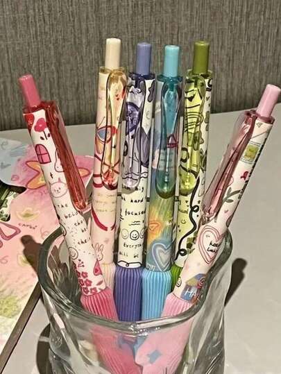 6 Stück Regenbogen Stern Stressabbau Kugelschreiber, süßes Druckknopf Design, schwarze Tinte, geschmeidiges Schreiben, modisch für Studenten