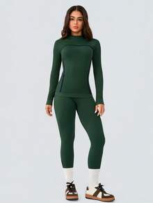 Leorrey 一套女士无缝时尚滑雪健身运动跑步长袖上衣和裤子运动套装滑雪服冬季 - 綠色 - 查看 2